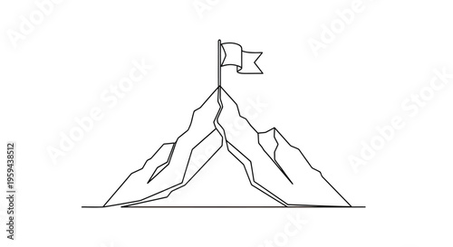 Minimalist depiction of a sharp, jagged mountain peak with a flag at its summit