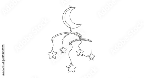 A simple line drawing of a baby mobile with a crescent moon and stars