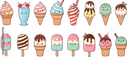 Kawaii Ice Cream Set Featuring Ice Cream Cones, Sundaes, Popsicles, and Sweet Treats with Cute Character Designs