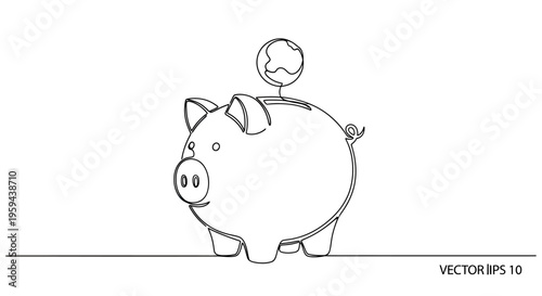 A single line drawing depicts a piggy bank with a coin slot, above a ground line