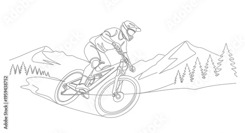 A person on a mountain bike rides down a trail with trees and mountains in background