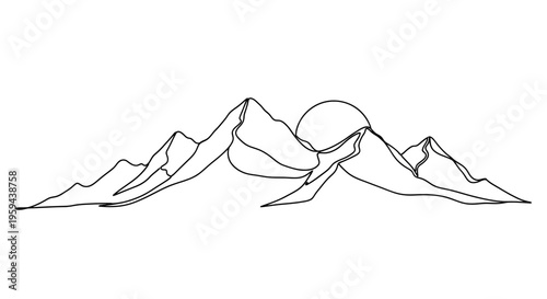 A minimalist, black-and-white line drawing depicts a majestic mountain range with a setting sun