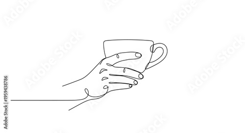 A minimalist black line drawing of a hand holding a coffee cup