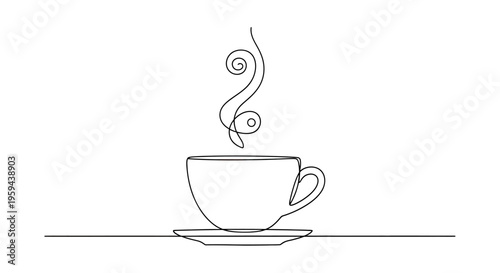 Single line art of a steaming cup of coffee on a saucer