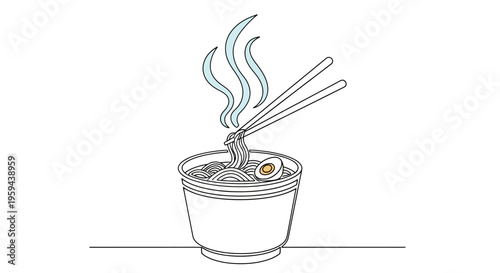 Hot noodles in a bowl with chopsticks and steam, single line drawing