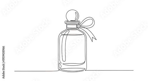 Single line drawing of a decorative bottle with a round stopper and ribbon