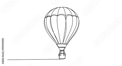 Single line drawing of a hot air balloon floating against a white background
