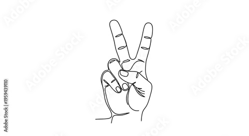 A minimalist black line drawing depicts a hand holding up the peace sign