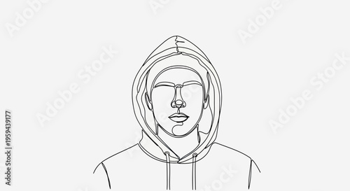 Single-line drawing of a hooded figure's face