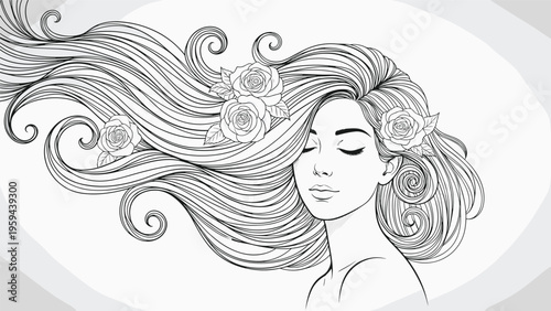 Elegant black and white line art of a beautiful woman with long flowing wavy hair adorned with delicate blooming roses.