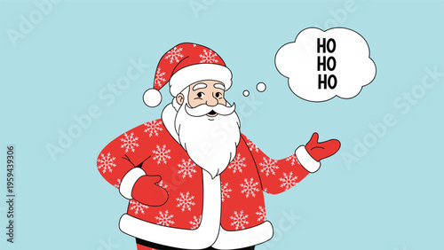 Jolly santa claus cartoon character in his red suit with a white beard pointing to a ho ho ho speech bubble over a light blue background.