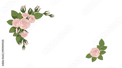 Romantic corner arrangements of soft pink roses and green leaves on a clean white background for a graceful and feminine floral design.