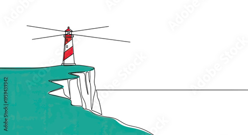 A red and white striped lighthouse stands on a cliff overlooking the ocean