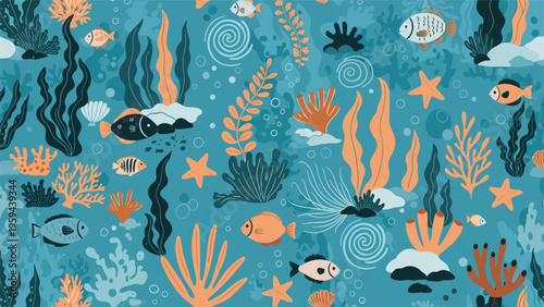 Beautiful underwater seamless pattern of colorful fish seaweed coral and starfish on a deep blue ocean background for a marine theme.