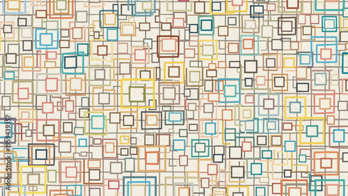 Geometric abstract pattern of nested colorful squares and rectangles in muted tones creating a complex and modern grid-like design.