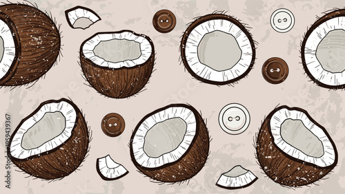 Creative pattern featuring half coconuts pieces and colorful buttons on a textured light brown background for an exotic tropical feel.