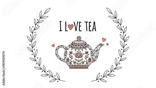 Whimsical i love tea illustration featuring a highly decorated patterned teapot within a delicate leaf wreath with floating hearts.
