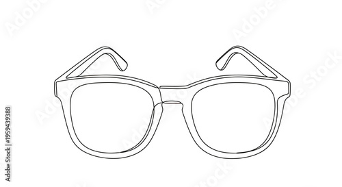 A minimalist line drawing of thick-rimmed glasses on a white background
