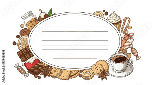 Delicious composition of various sweets cookies chocolates and a cup of coffee surrounding a blank oval frame for a bakery or cafe menu.