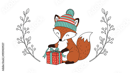 Cute winter illustration of a small fox in a knitted hat opening a gift box framed by berry branches.