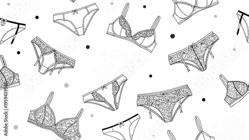 Delicate seamless pattern of feminine lace lingerie pieces including bras and panties on a white background.