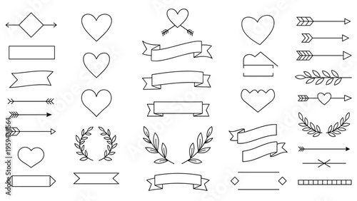 Large collection of hand-drawn design elements including hearts, ribbons, arrows, wreaths, and banners.