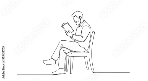 A man in a collared shirt sits on a chair, engrossed in a book