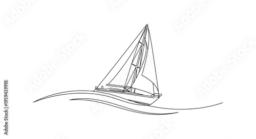 Minimalist line art of a sailboat gliding on stylized waves