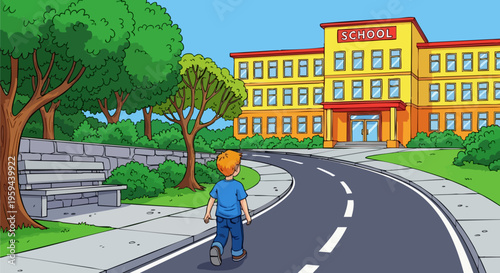 Cartoon school building with student walking on road, primary school campus with green trees and park bench, educational vector background