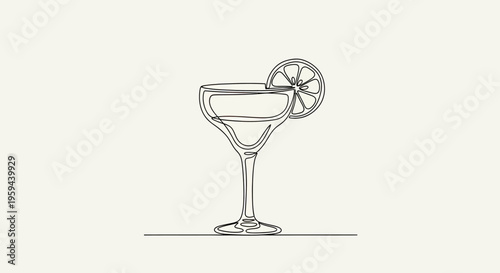 Minimalist line art of a margarita glass with a lime wedge on a pale background