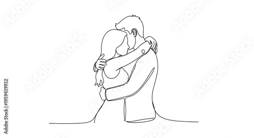 Elegant line art depicts a tender embrace between a couple