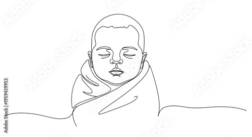 Serene infant swaddled in blanket, rendered in a single continuous line