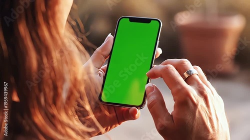 Woman holding smartphone with green screen.