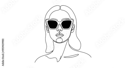 Minimalist line art portrait of a woman wearing bold sunglasses