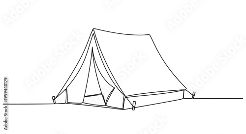 A minimalist black line drawing of a canvas tent on a white background