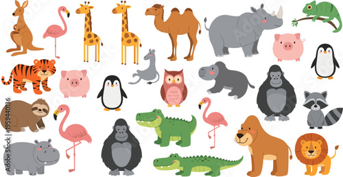Wild Animal Set Featuring Tigers, Lions, Giraffes, Camels, Hippos, Crocodiles, Gorillas, and More for Safari and Jungle Illustrations