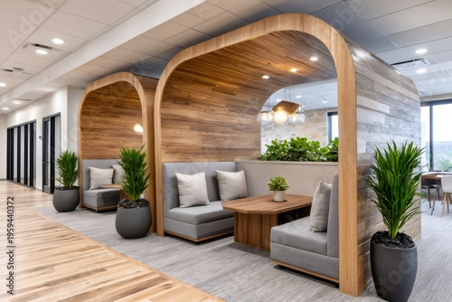 Modern office coworking space with wooden pods and plants