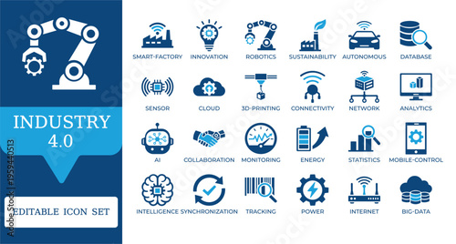 Industry 4.0 and Smart Manufacturing Icons. Featuring robotics, artificial intelligence, cloud computing, and industrial automation symbols. Editable vector set for technology apps