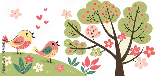 Melodious Serenade: Two vibrantly colored songbirds perch amidst a lush spring garden, harmonizing in a chorus of cheerful melodies, surrounded by blooming flowers and a blossoming tree.
