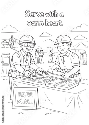 coloring book page father serving warm meals with coworkers at a community table