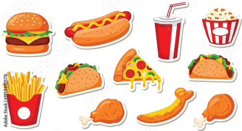 Fastfood sticker collection featuring colorful textured junk meal