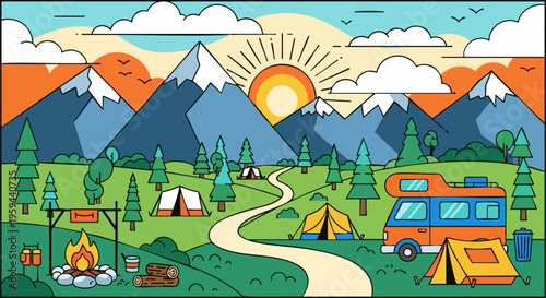 Flat line art camping landscape vector, mountain wilderness summer camp with camper van and tents, scenic outdoor adventure background with campfire
