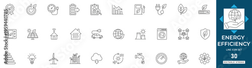 Energy efficiency line icon set featuring sustainable, green, saving, home, electricity, environment, and planet. Professional editable vector illustration