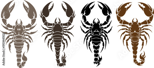 Stylized scorpion vector set, 4 tribal scorpion silhouettes in black and brown, predatory arachnid icons for tattoo design and mascot logos
