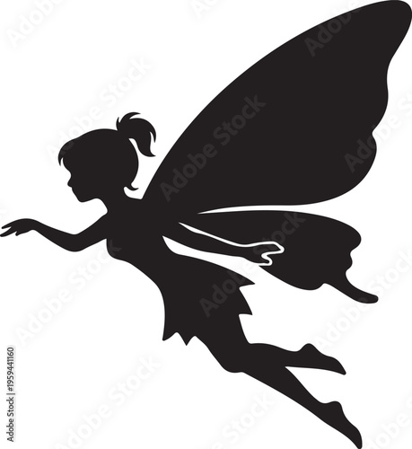 Flying Little Fairy Girl Silhouette Isolated on White Background