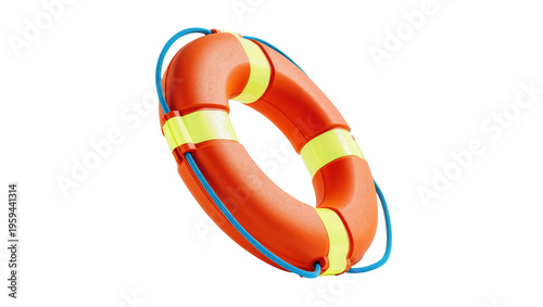 Fotografía Vibrant orange life preserver with yellow reflective strips and blue grab rope f