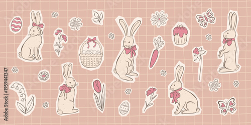 Springtime stickers set with bunnies, flowers, eggs, butterflies for Happy Easter. Hand drawn elements in sketch style with papercut and pencil effect. For card, poster, invitation, social media