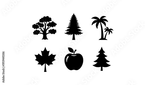 Flat tree silhouette vector icons featuring oak, pine, palm, apple, maple, and conifer trees on white background