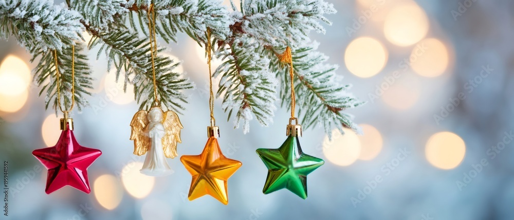 Obraz premium Holiday ornaments hanging on snowy christmas tree branch