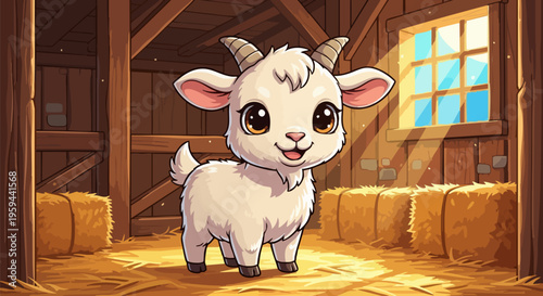 Cute cartoon baby goat in a rustic barn, adorable white kid goat vector illustration, farm animal character in a sunny stable with hay bales